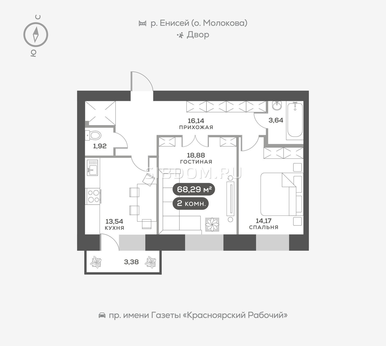 Продам двухкомнатную квартиру в Красноярске Южный берег, дом 21, 68.29  кв.м, 13 этаж, от застройщика - СИБДОМ, объявление 3907542