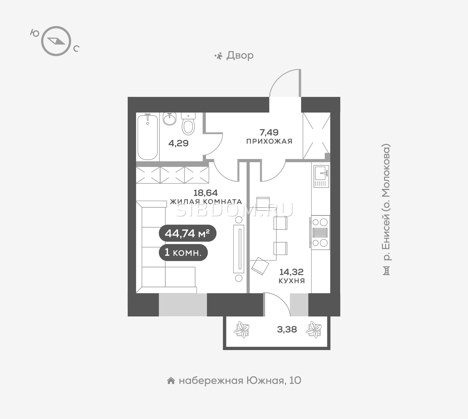 Продам однокомнатную квартиру в Красноярске Южный берег, дом 21, 44.74  кв.м, 10 этаж, от застройщика - СИБДОМ, объявление 3912319