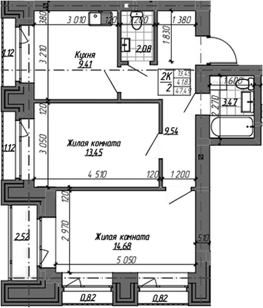 Планировка 2-комн 52,63, 52,64 м²