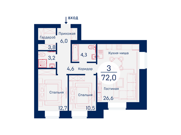 Планировка трехкомнатной квартиры 72 кв.м