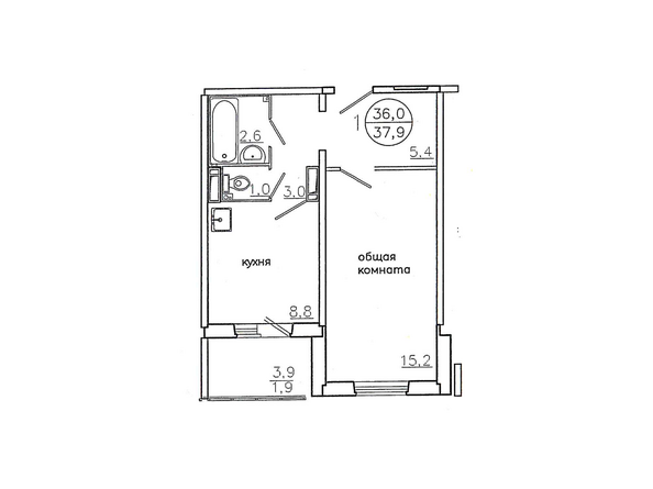 Планировка однокомнатной квартиры 37,9 кв.м. (левая сторона)