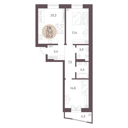 Планировка 2-комн 75 м²