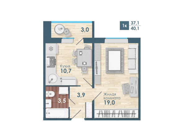 Планировка 1-комн 40,1 м²