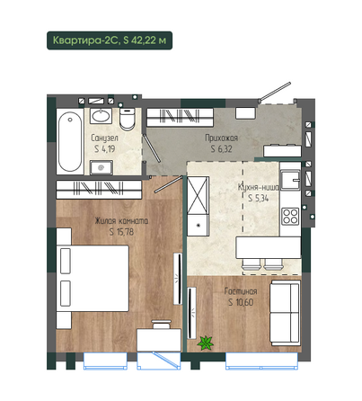 Планировка 2-комн 42,22 м²