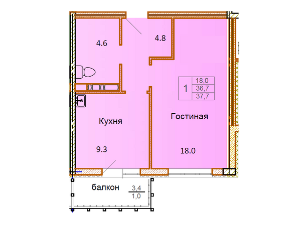 Планировка 1-комн 37,7 м²