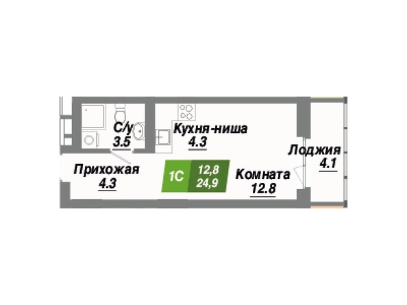 Планировка 1-комн 24,9 м²