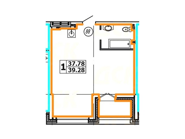 Планировка 1-комнатной квартиры 39,28 кв. м