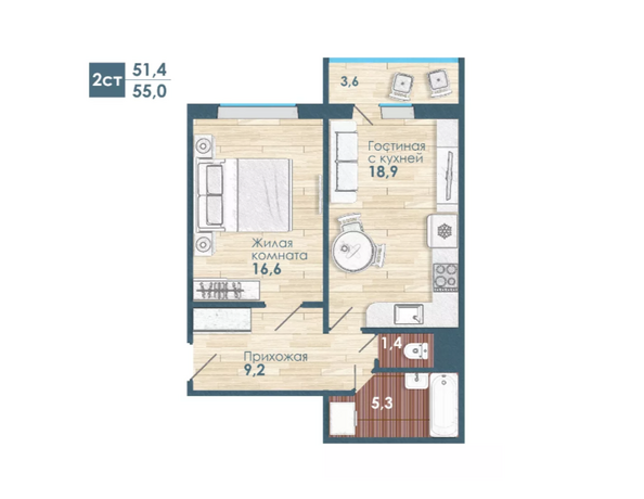 Планировка 2-комн 55 м²