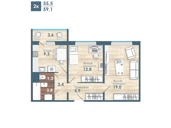 Планировка 2-комн 59,1 м²