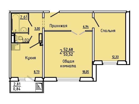 Планировка 2-комн 53,52 м²