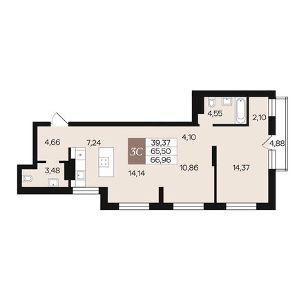 Планировка 3-комн 66,96 м²