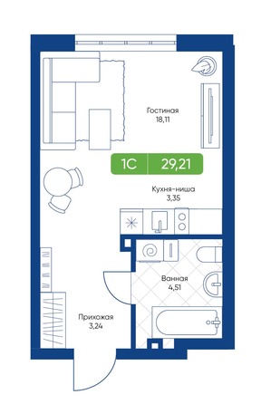 Планировка 1-комн 29,21 - 29,61 м²