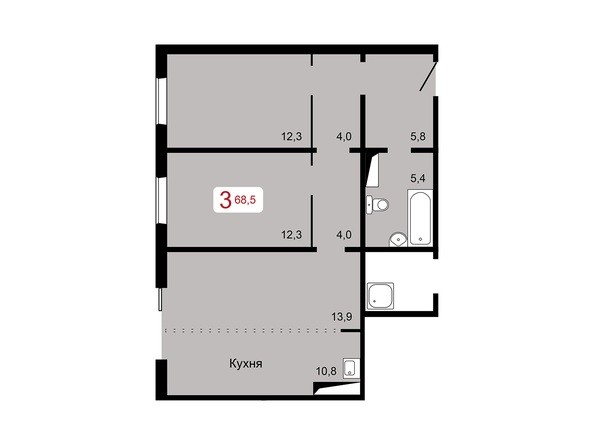 3-комнатная 68,5 кв.м