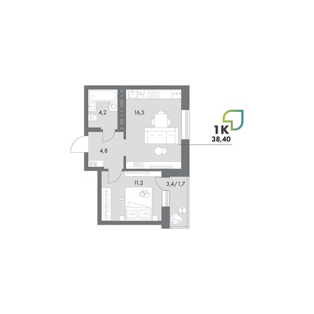 Планировка Студия 38,4, 39,1 м²