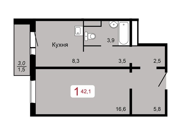 1-комнатная 42,1 кв.м