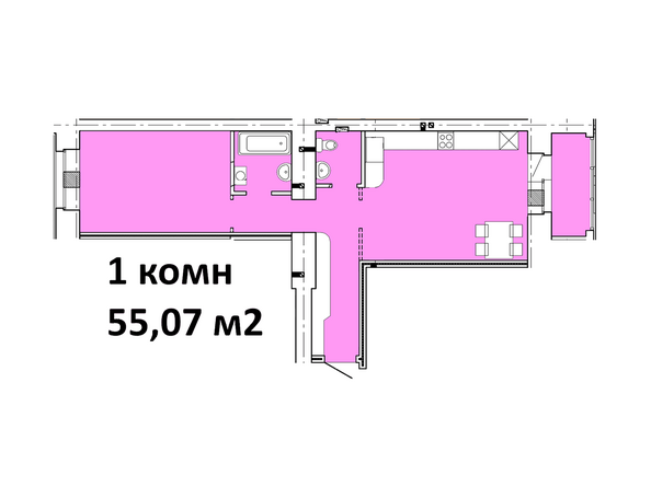 Типовая планировка 1-комнатной квартиры 55,07 кв.м