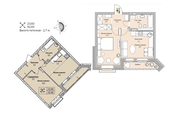 Планировка двухкомнатной квартиры 42,6 кв.м