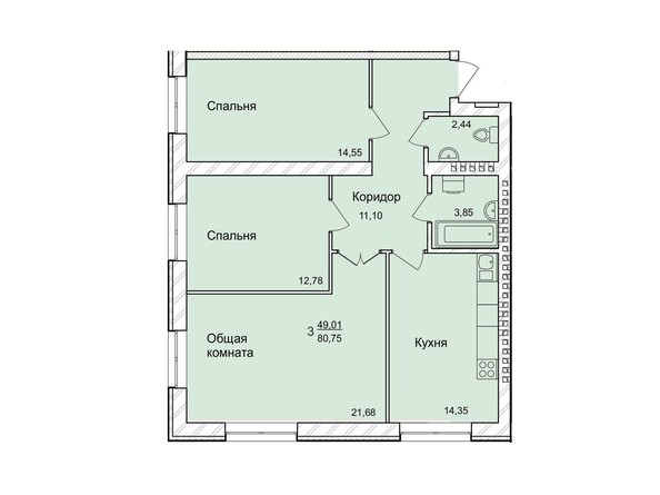 Планировка трёхкомнатной квартиры 80,91 кв.м