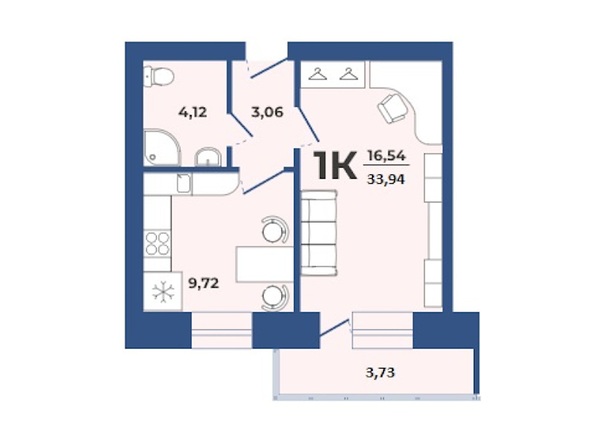 Планировка 1-комн 33,94 м²