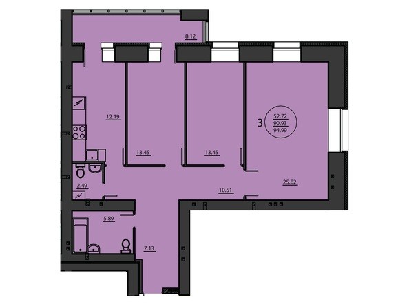 Планировка трехкомнатной квартиры 94,99 кв.м