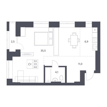 Планировка Студия 57,5, 57,7 м²