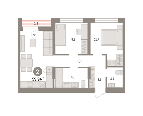 Планировка 2-комн 59,92 м²