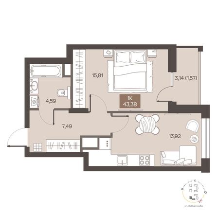 Планировка 1-комн 43,38 м²