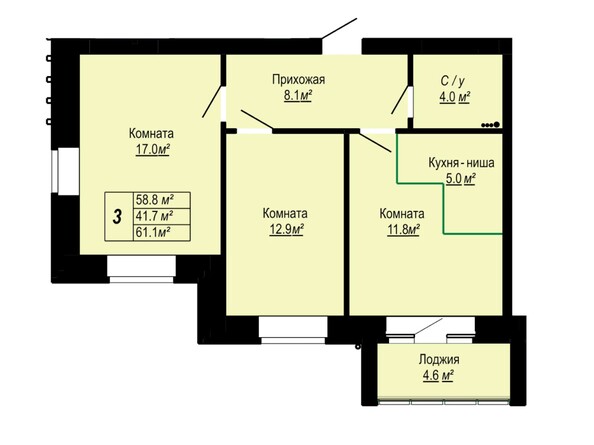 Планировка 3-комн 61,1 м²