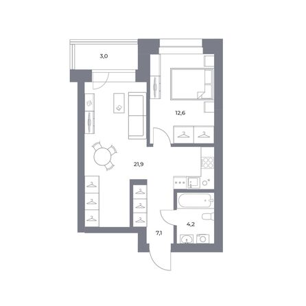 Планировка 1-комн 48,8 - 49,1 м²