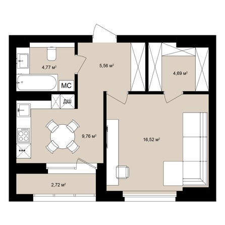 Планировка Студия 42,65 - 43,54 м²