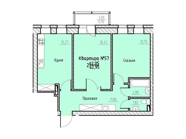 Планировка двухкомнатной квартиры 62,95 кв.м