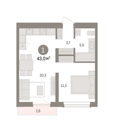 Планировка 1-комн 43,03, 43,05 м²