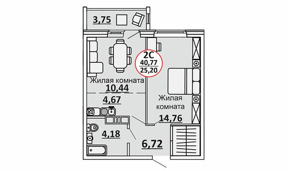 2-комнатная 42,65 кв.м