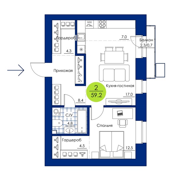 Планировка 2-комн 59,2 м²