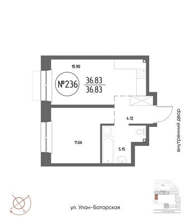 Планировка 1-комн 36,83, 38,33 м²