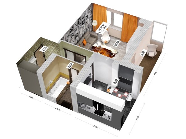 3d-макет 1-комнатной квартиры 41,03 кв.м