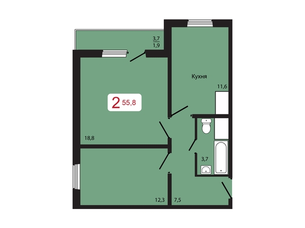 Планировка 2-комн 55,8 м²