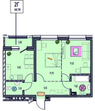 Планировка 2-комн 60,67, 60,78 м²