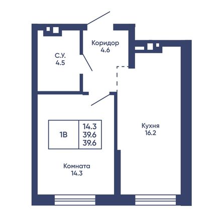 Планировка 1-комн 39,6, 39,8 м²