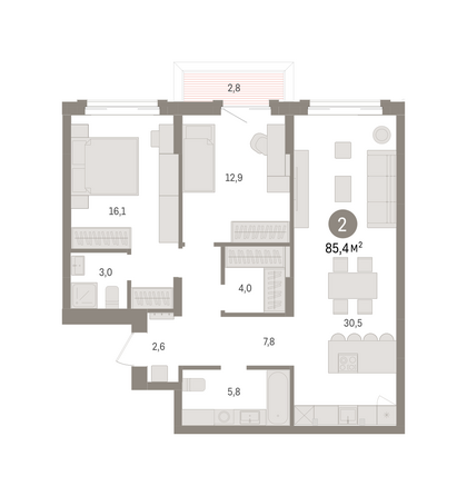 Планировка 2-комн 85,37 - 86,94 м²