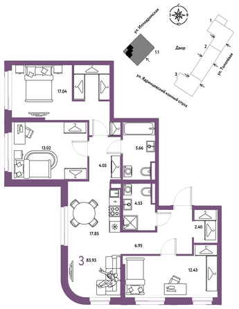 Планировка 3-комн 83,93 м²