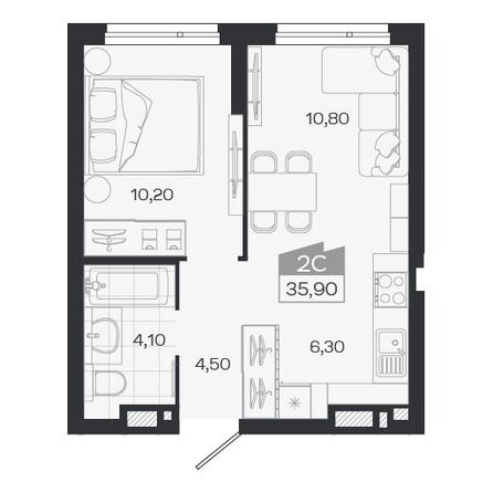 Планировка 2-комн 35,9, 36,1 м²