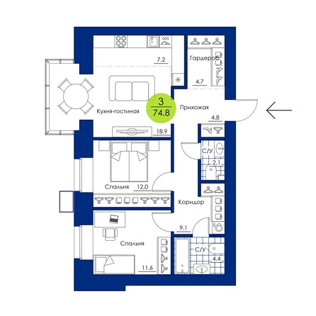 Планировка 3-комн 74,8 м²
