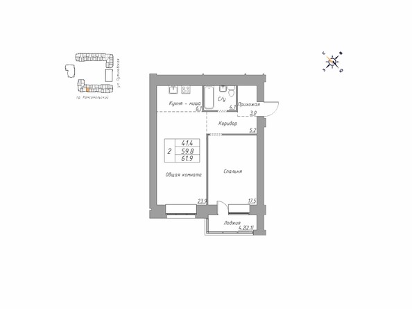Планировка двухкомнатной квартиры 61,9 кв.м