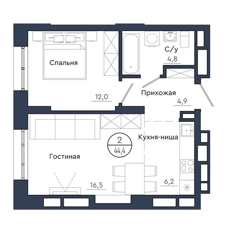 Планировка 2-комн 44,4 м²