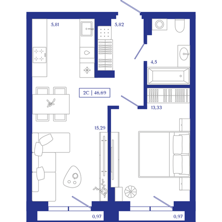 Планировка 1-комн 46,69 - 46,95 м²