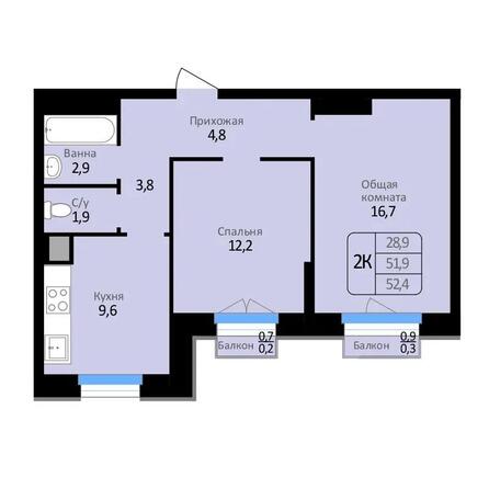 Планировка 2-комн 52,4 м²