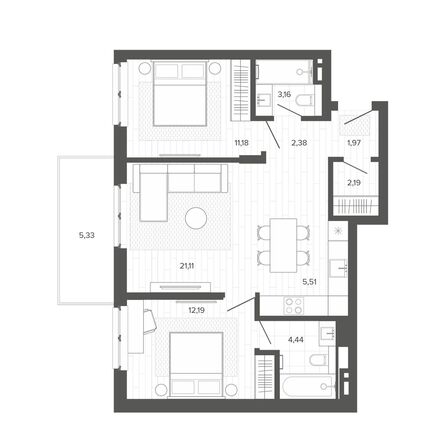 Планировка 3-комн 69,46 м²