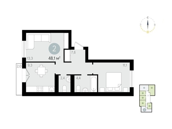 Планировка 2-комнатной квартиры 48,1 кв.м