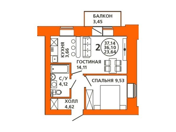 Планировка 2-комнатной квартиры 37,14 кв.м